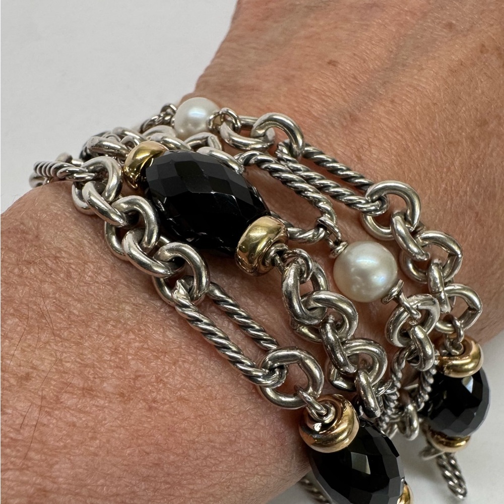 David Yurman Four Strand Figaro Black Onyx & Pearl Beaded .925 18K Gold Bracelet